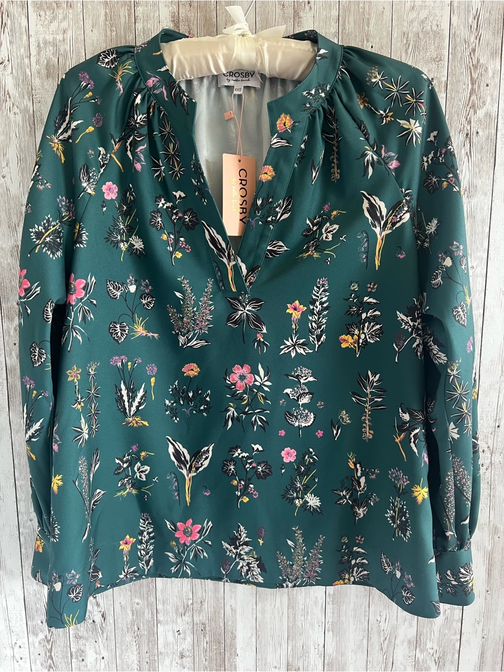 CROSBY by Mollie Burch Teal Floral V-Neck Long Sleeve Blouse NEW XXS-Small